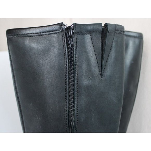 Black Riding Biker Boots Women 7 M Leather Tall Zip Buckle Accent Block Heel - Picture 6 of 11